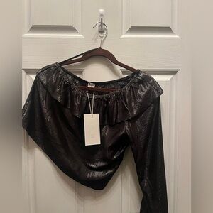 NWT ZARA (Z3D) ONE SHOULDER BLACK & GOLD RUFFLE CROP TOP- XXS/XS